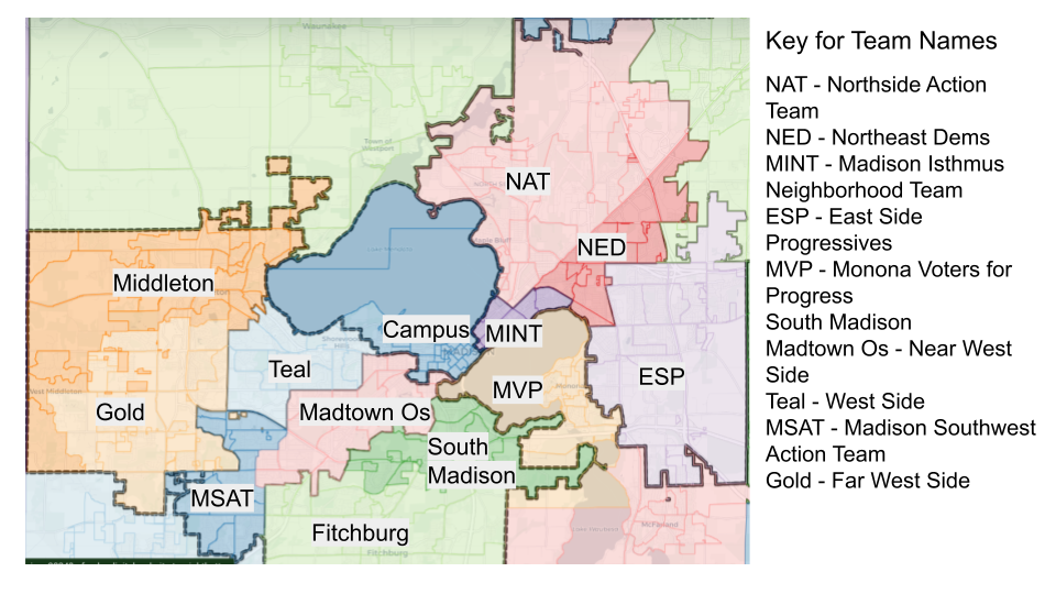 Madison organizing team map highlighting South Madison and nearby teams